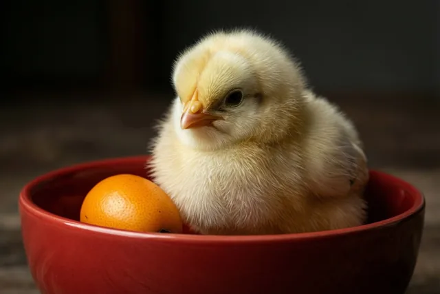 Een donzig geel kuikentje zit in een rode porseleinen kom naast een kleine oranje kumquat, in zacht licht tegen een donkere achtergrond.