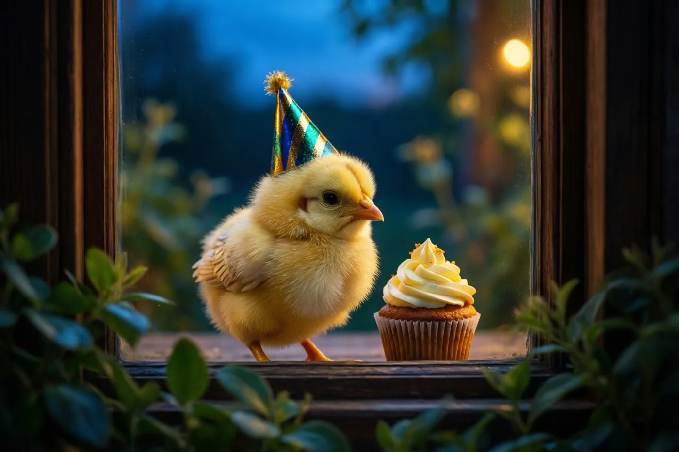 Een donzig geel kuikentje met een kleurrijk feesthoedje staat op een vensterbank naast een cupcake met geel glazuur, met warm binnenlicht en blauwe schemering buiten.