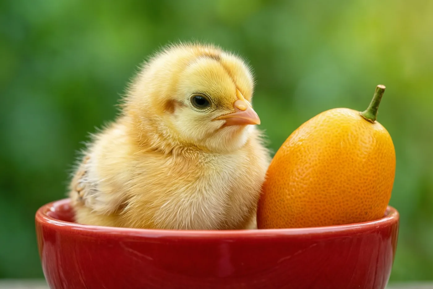 Een donzig geel kuikentje zit in een rode porseleinen kom naast een kleine oranje kumquat, tegen een wazige groene achtergrond.