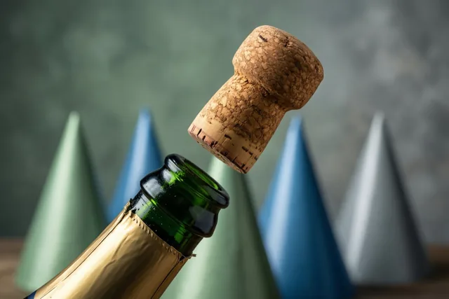 Een kurk schiet uit een groene champagnefles met goudfolie, met onscherpe groene, blauwe en zilveren feesthoedjes tegen een grijsgroene achtergrond.
