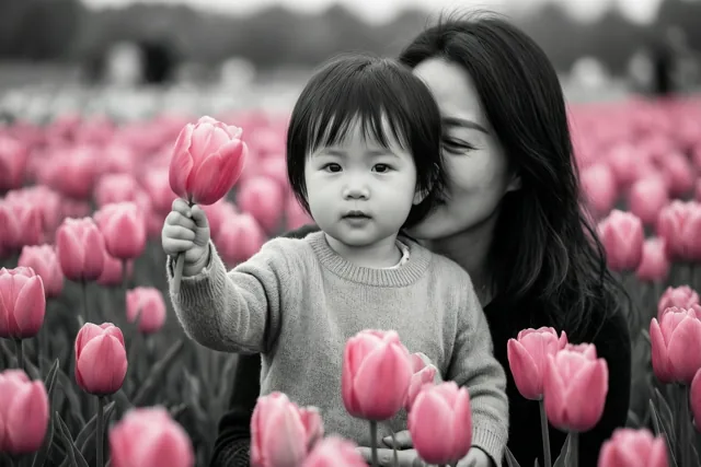Een moeder kust haar kleine kind op de wang in een veld roze tulpen, terwijl het kind een tulp omhooghoudt en de roze bloemen afsteken tegen een zwart-witte achtergrond.