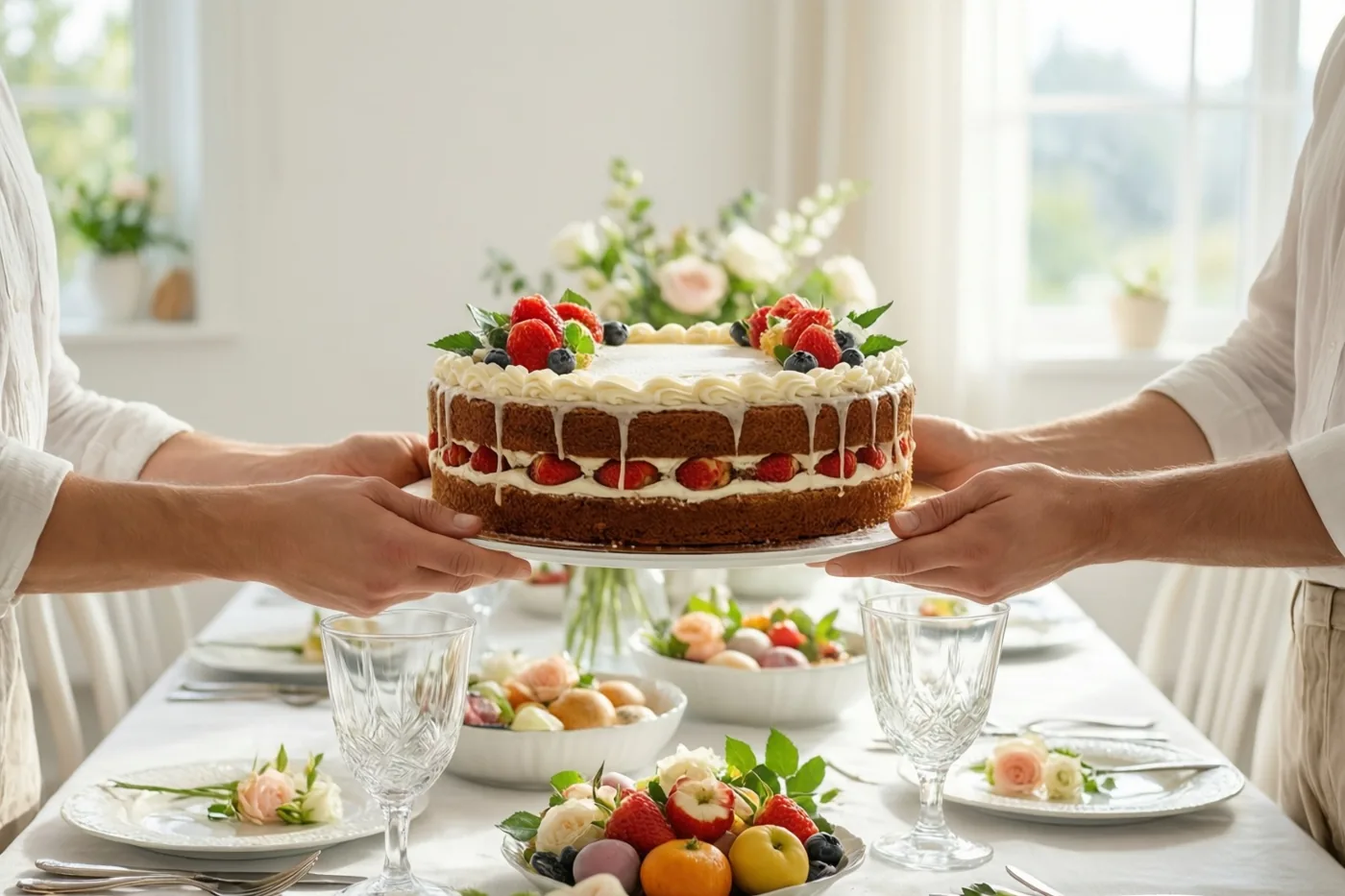 Twee mensen houden samen een laagjestaart met verse bessen en room voor een gedekte tafel met wit servies en bloemstukken in een lichte kamer.