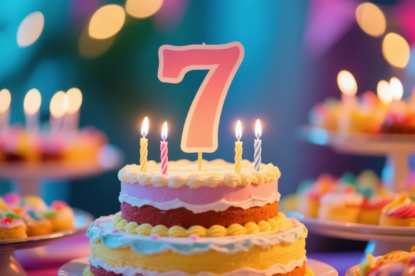 Een verjaardagstaart met meerdere lagen, een grote roze 7 en brandende kaarsen staat tussen andere desserts op een feestbuffet met kleurrijke, onscherpe lichtjes.