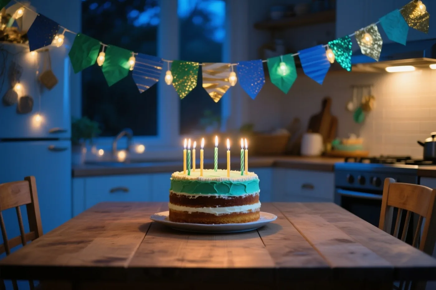 Een zelfgemaakte laagjestaart met brandende kaarsjes staat op een houten keukentafel onder kleurrijke papieren slingers, met warme lichtslingers rondom.