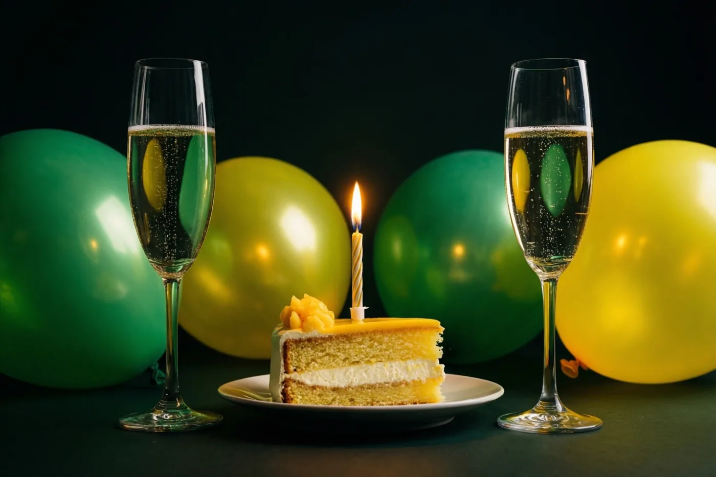 Een stuk laagjestaart met een brandend kaarsje staat tussen twee champagneglazen, met groene en gele ballonnen tegen een donkere achtergrond.