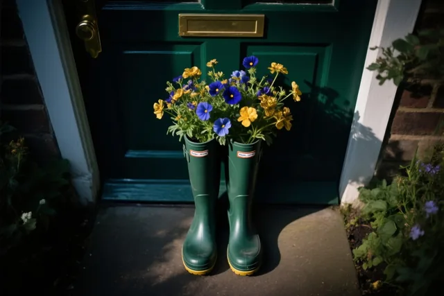 Groene rubberlaarzen gevuld met blauwe en gele bloemen staan op een drempel voor een donkergroene deur in warm zonlicht.