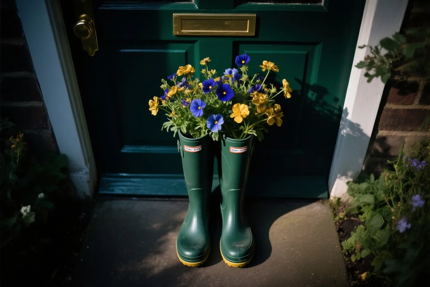 Groene rubberlaarzen gevuld met blauwe en gele bloemen staan op een drempel voor een donkergroene deur in warm zonlicht.