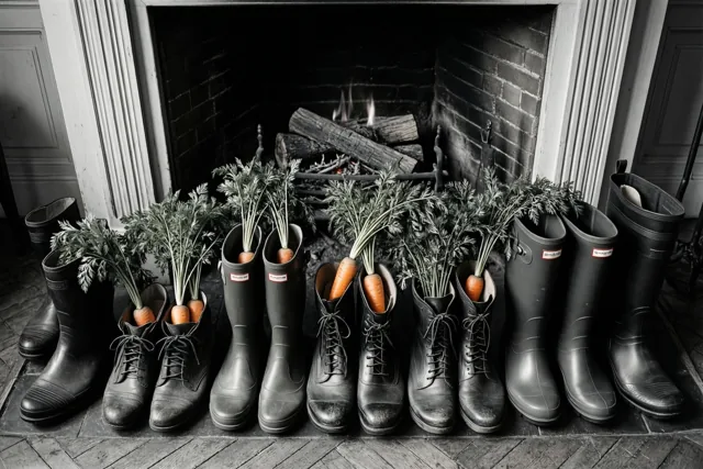Op een grotendeels zwart-witte foto staat een rij laarzen en regenlaarzen met oranje uitgelichte wortels op een houten vloer voor een brandende haard.