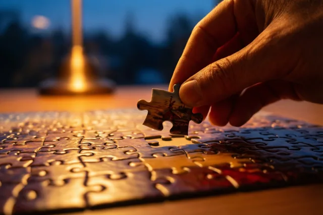 Een hand legt het laatste puzzelstukje op een houten tafel in warm licht, met een onscherpe lamp en een schemerlucht op de achtergrond.