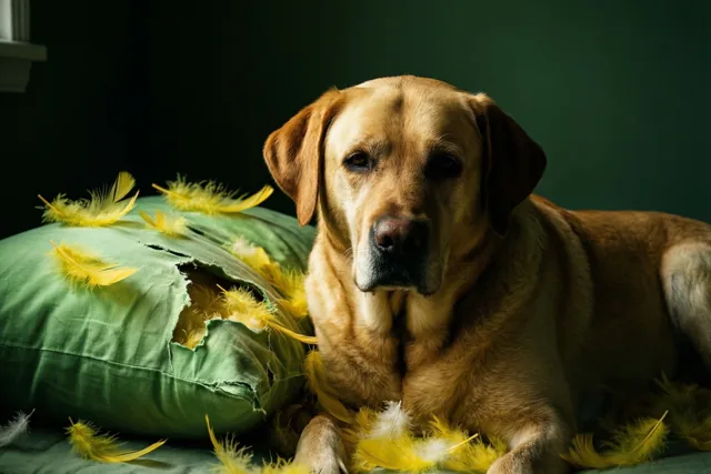 Een goudkleurige labrador met hangoren ligt naast een opengescheurd groen kussen met gele veren errond, tegen een donkergroene achtergrond.