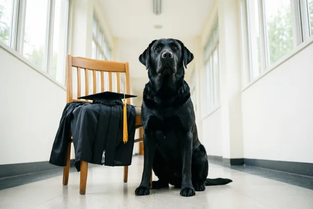 Een zwarte labrador zit rechtop in een gang naast een houten stoel met een afstudeertoga en hoed, bij natuurlijk licht uit de ramen.
