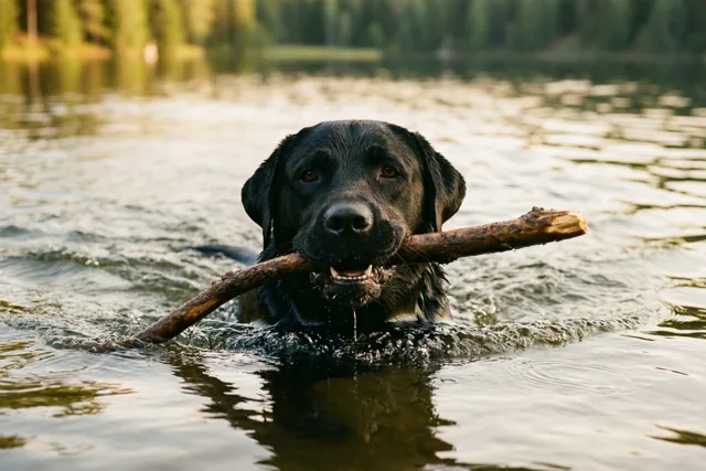 Een zwarte labrador zwemt met een stok in zijn bek in een meer dat goudkleurig licht weerspiegelt, met bomen op de achtergrond.