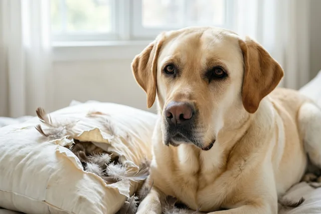 Een gele labrador met hangoren ligt binnenshuis naast een gescheurd kussen waar veren uit komen, bij een raam met zacht daglicht.