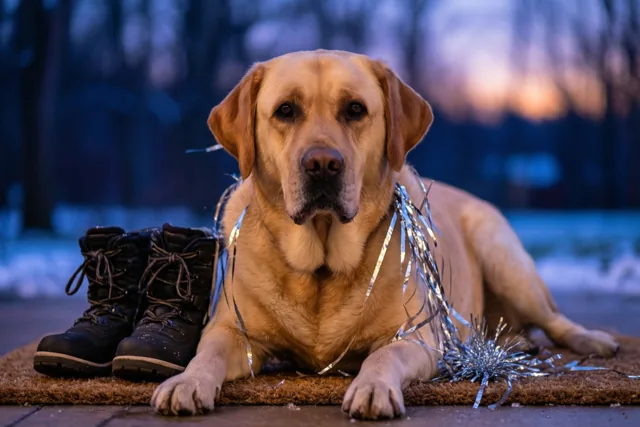 Een blonde labrador met zilveren slingers in zijn vacht ligt buiten op een bruine deurmat naast zwarte winterlaarzen, in blauw en oranje schemerlicht.