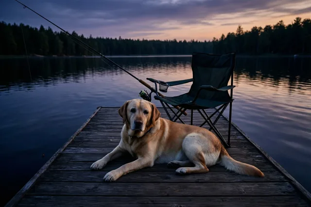 Pensioen met hond en hengel