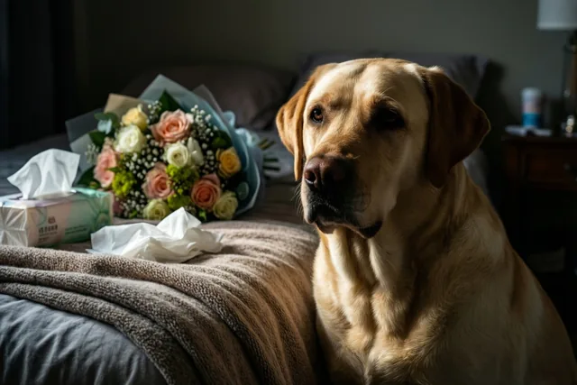 Een gele labrador zit op een bed met een bruine deken, naast een boeket bloemen en zakdoekjes.