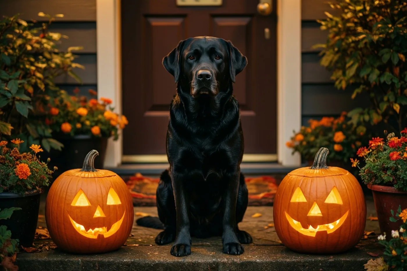 Een zwarte labrador zit op een donkere oktoberavond op een stenen drempel tussen twee lichtgevende uitgesneden pompoenen, met aan weerszijden herfstbloemen in potten.
