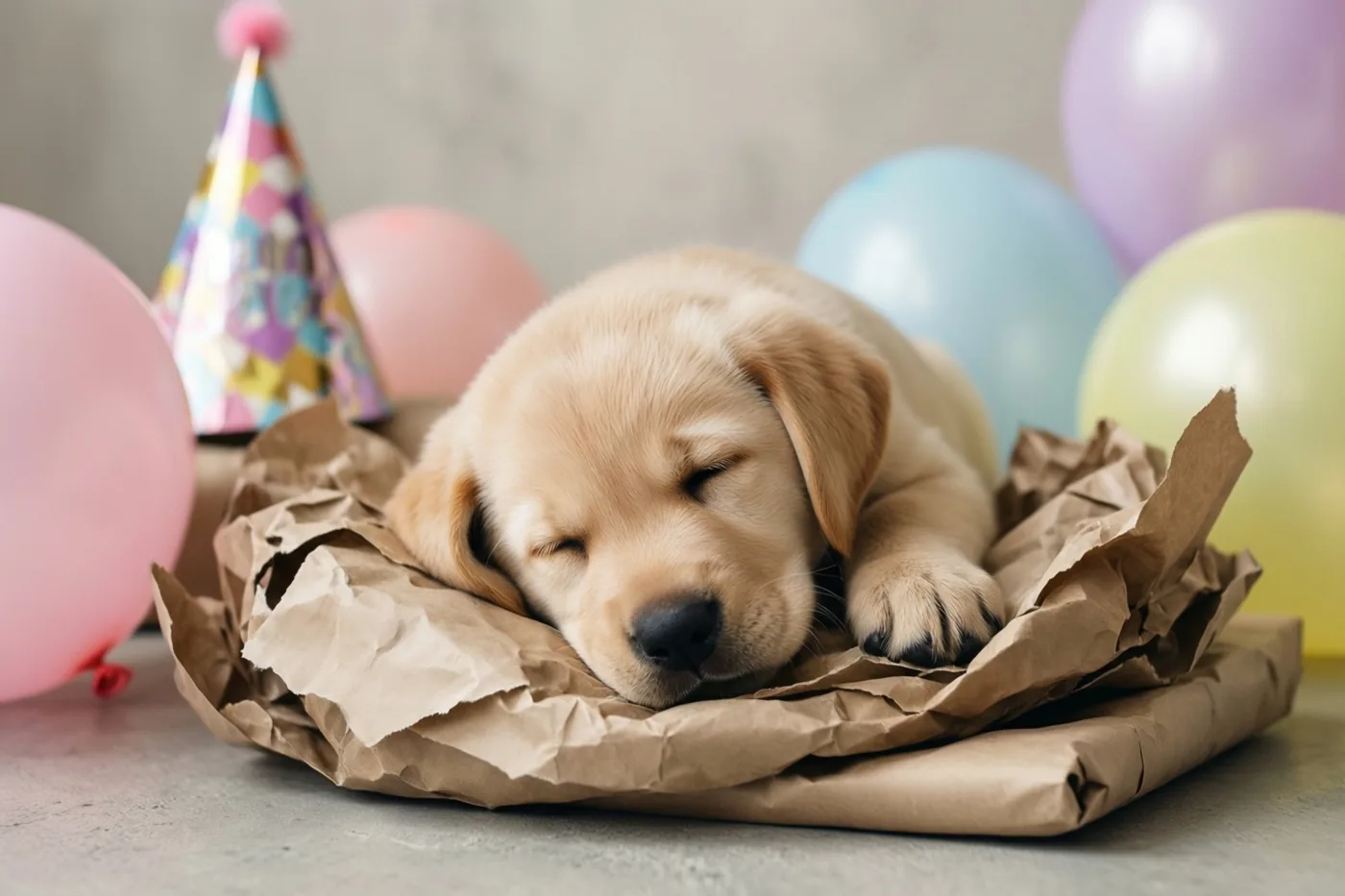 Een lichtgekleurde labradorpup slaapt op verfrommeld bruin inpakpapier tussen kleurrijke ballonnen en een feesthoedje.