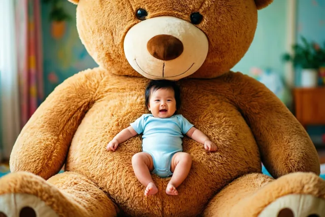 Een lachende baby in een lichtblauw kruippakje zit op de buik van een reusachtige bruine teddybeer in een warm verlichte ruimte met pasteltinten.