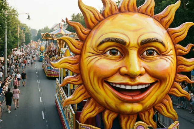 Een praalwagen met een reusachtige lachende zon en oranje-gele stralen rijdt door een straat met toeschouwers en andere kleurrijke praalwagens.