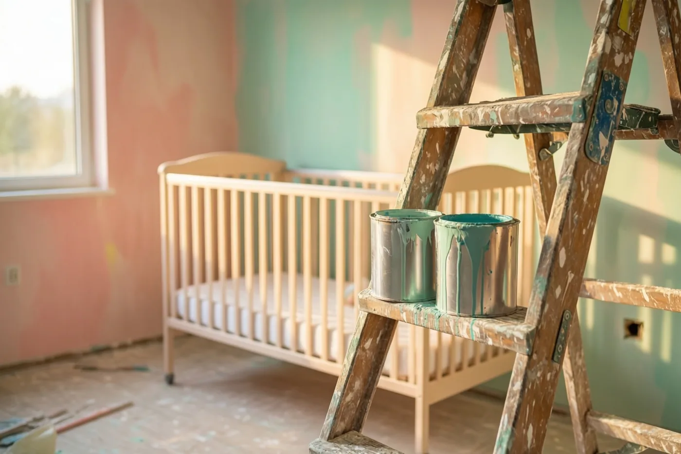 In een babykamer met gedeeltelijk roze en mintgroen geschilderde muren staan een houten ladder, twee verfpotten en een nog niet gemonteerd houten babybedje bij raamlicht.