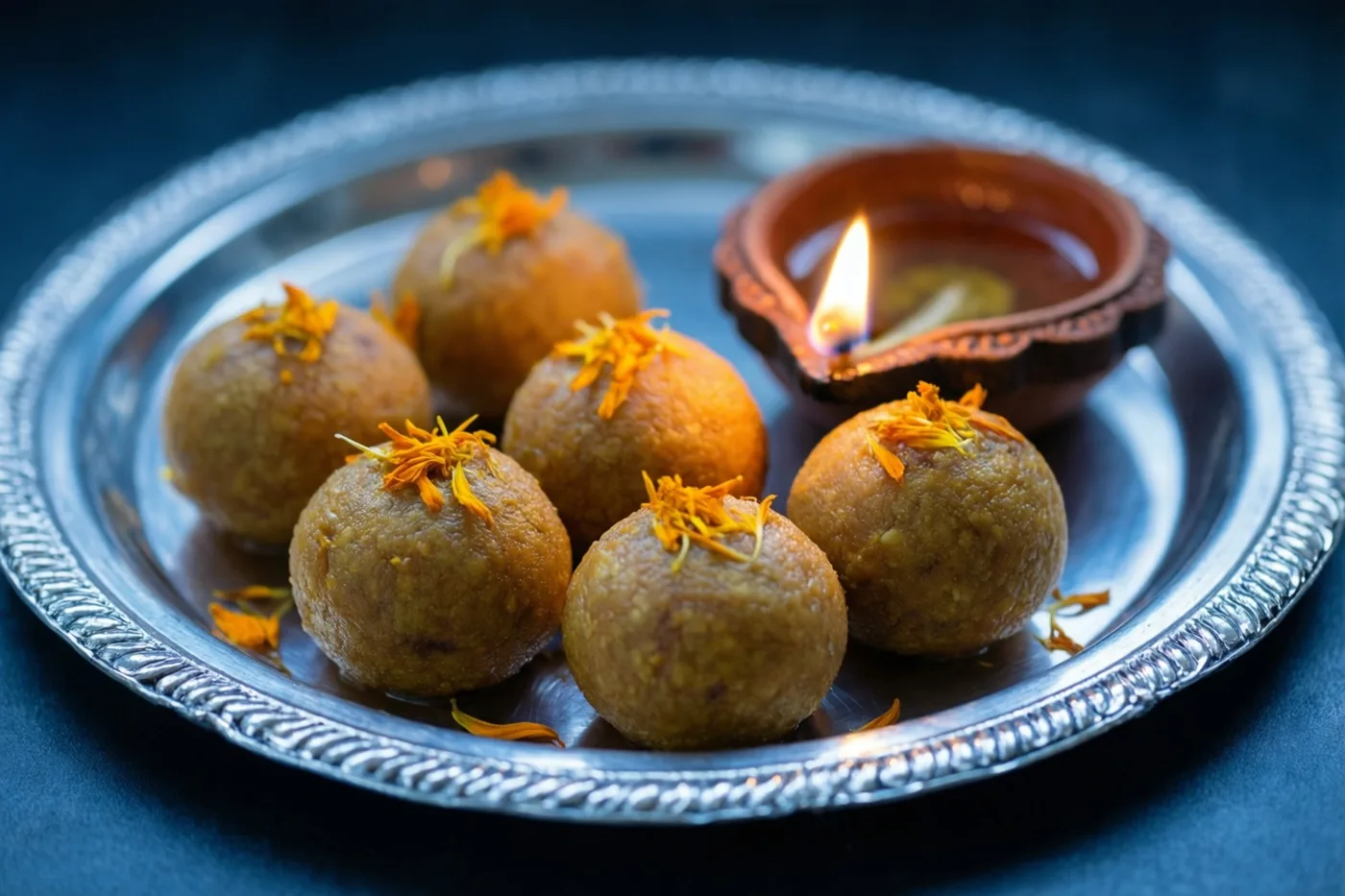 Goudbruine laddoos met oranje bloemblaadjes liggen naast een klein brandend olielampje op een zilverkleurig dienblad tegen een donkerblauwe achtergrond.