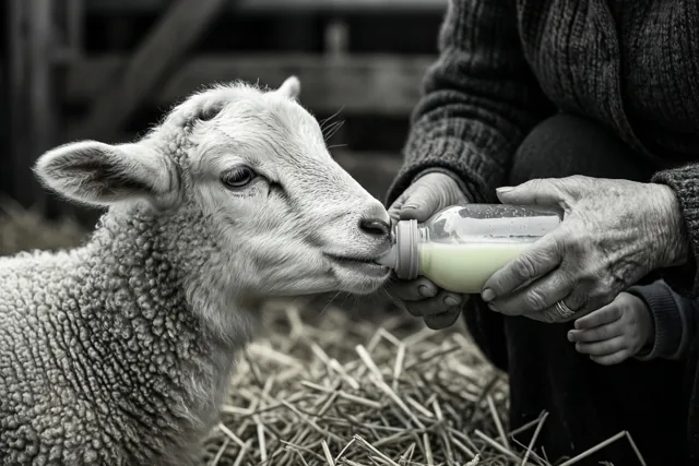 Een jong lam drinkt in een schuur vol stro uit een fles die oude handen en kleine kinderhanden vasthouden, in een zwart-witbeeld met een kleuraccent op de melk.