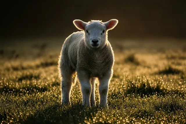 Een lammetje groet de ochtend