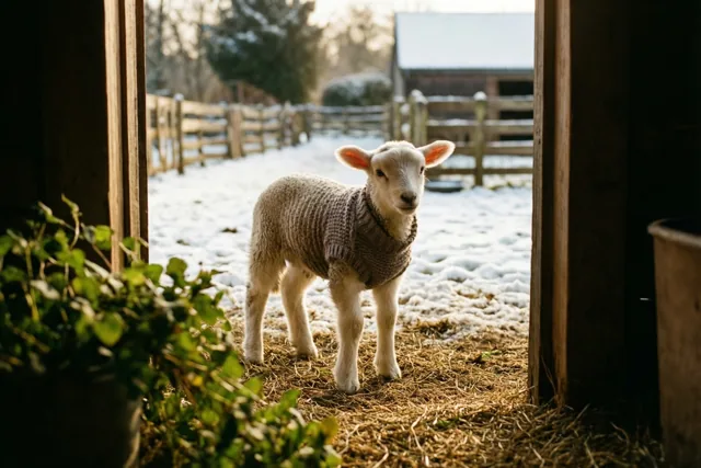 Een klein wit lammetje in een bruine gebreide trui staat in de deuropening van een schuur en kijkt in warm zonlicht uit over een besneeuwd erf.