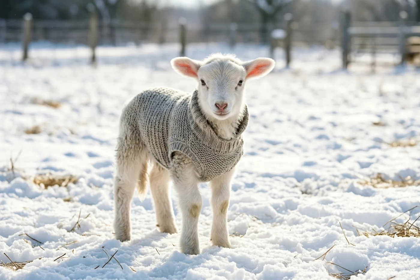 Een klein wit lammetje in een grijze gebreide trui staat op een besneeuwd erf en kijkt recht in de camera.
