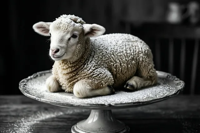 Een cake in de vorm van een lammetje, bestrooid met poedersuiker, rust op een sierlijke vintage taartstandaard tegen een donkere, wazige achtergrond.