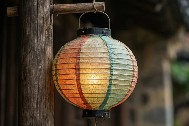 Een zacht verlichte papieren lampion met verbleekte oranje, crèmekleurige en blauwgroene vlakken hangt aan een verweerde houten balk tegen een houten achtergrond.
