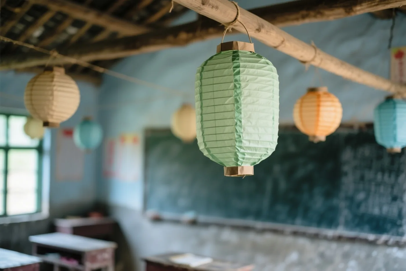Handgemaakte papieren lampionnen hangen aan houten plafondbalken in een dorpsklas met lichtgroene, oranje en blauwe tinten.