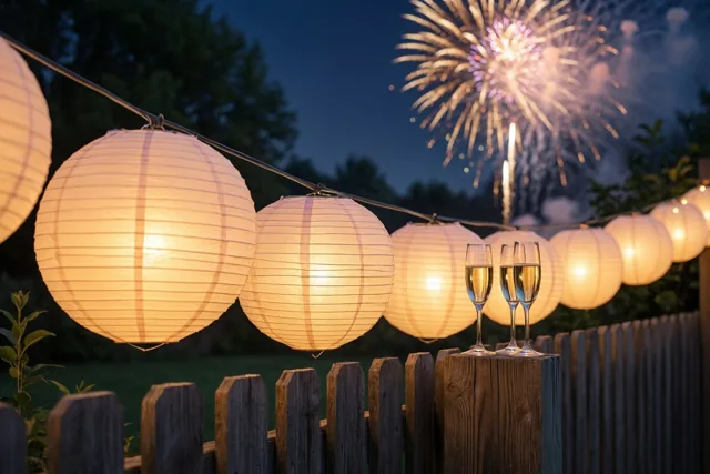 Brandende papieren lampionnen hangen langs een houten tuinschutting, met twee champagneglazen op een paal en vuurwerk tegen de donkerblauwe nachthemel.