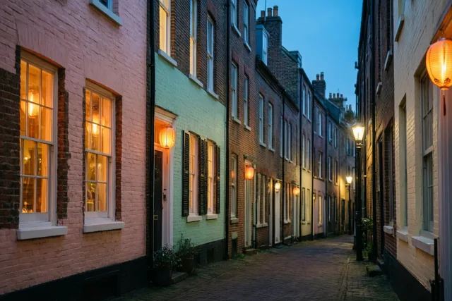 In een smal steegje staan bakstenen huizen met warm verlichte papieren lampionnen voor de ramen onder een koele blauwe avondlucht.