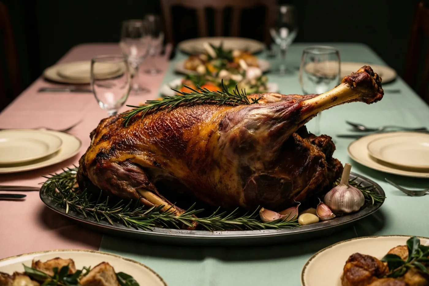 Een hele gebraden lamsbout met rozemarijn en knoflook ligt op een schaal op een feestelijk gedekte familietafel met een roze en groen tafelkleed in warm licht.