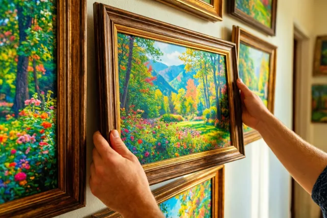 Handen hangen een ingelijst landschap aan een lichte muur tussen andere kleurrijke schilderijen met bloemen en bossen.