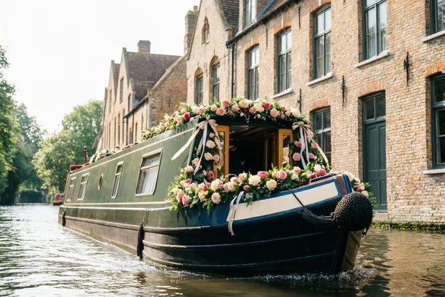 Een lange boot met roze en witte rozen en linten vaart door een smalle waterweg langs historische bakstenen gebouwen met donkere ramen en deuren in zacht daglicht.