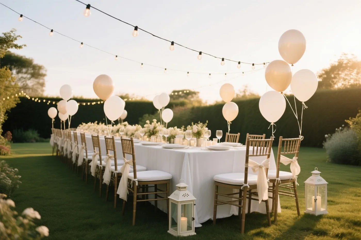 Een lange tuintafel met witte tafelkleden en bloemstukken staat onder lichtslingers, met ballonnen aan houten stoelen en lantaarns op het gras bij een gouden zonsondergang.