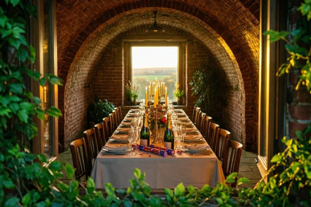 Een lange tafel met kaarsen, champagneflessen en feestcrackers staat in een bakstenen gewelfkelder, met groen op de voorgrond en goudkleurig licht vanuit een raam achteraan.