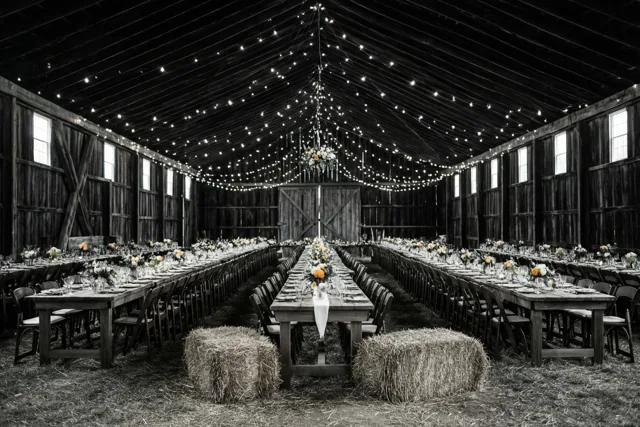 Een lange schuur met een hoog houten plafond is ingericht met lange houten tafels, stoelen, hooibalen, lichtslingers en bloemstukken op de tafels.