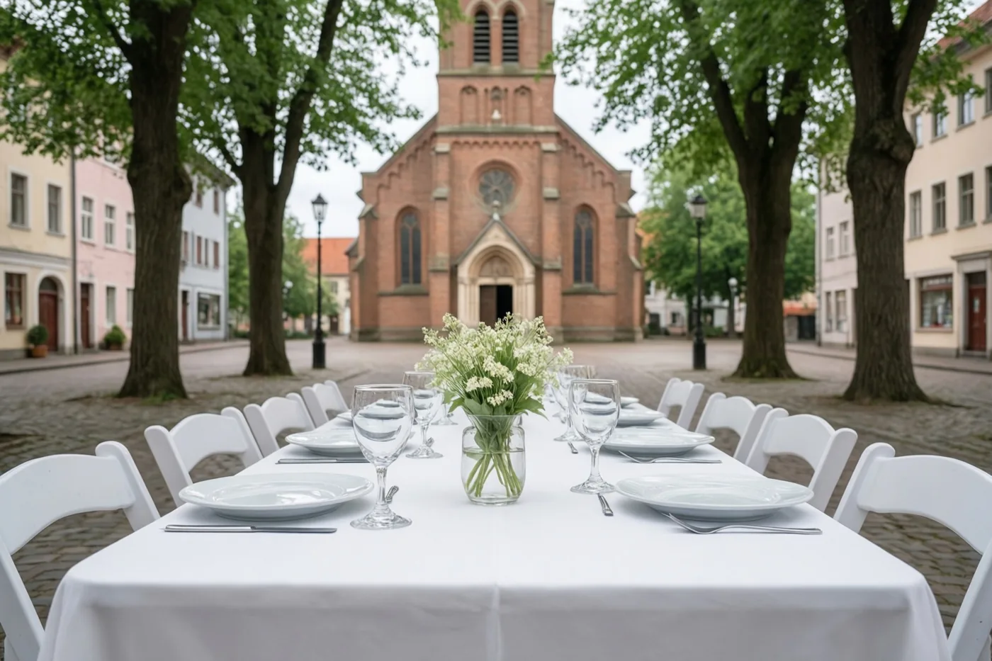 Een lange witte tafel met borden, glazen en een bloemstuk staat op een gekasseid dorpsplein tussen hoge groene lindebomen, met een rode bakstenen kerk onder een bewolkte hemel op de achtergrond.