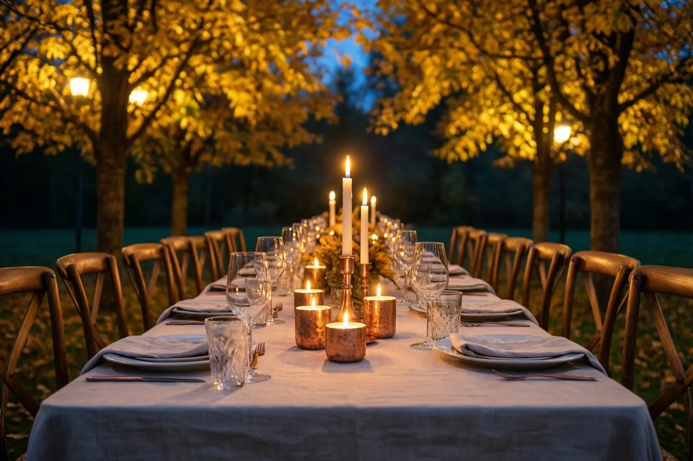 Een lange buitentafel met een linnen tafelkleed, koperen kaarsenhouders en glazen staat met houten stoelen onder gouden herfstbomen bij schemering, verlicht door kaarslicht.