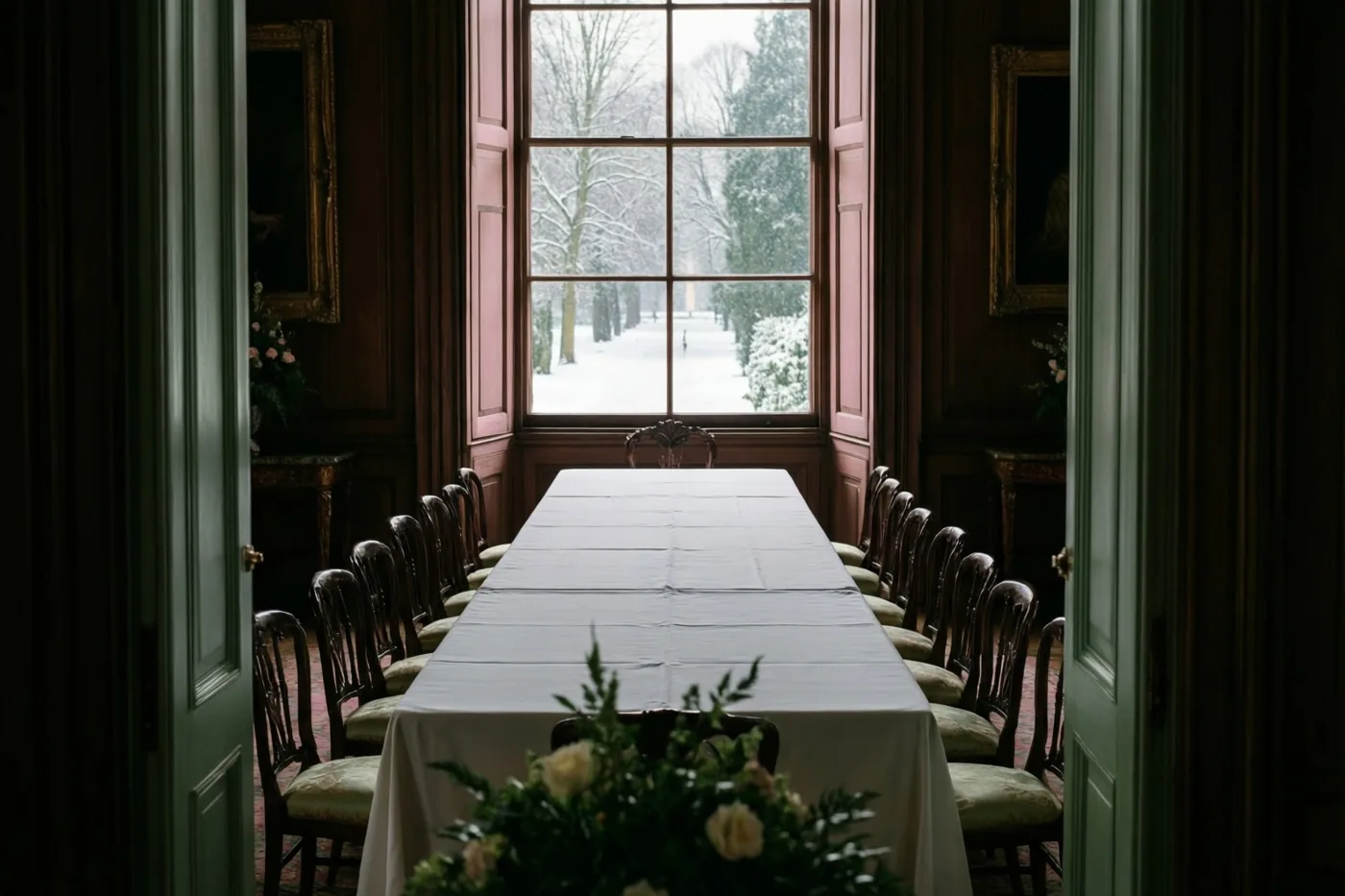 Een lange tafel met wit linnen en rijen stoelen staat in een landhuiskamer met donkere houten wandpanelen, met sneeuw op bomen en grond achter het grote raam aan het uiteinde.