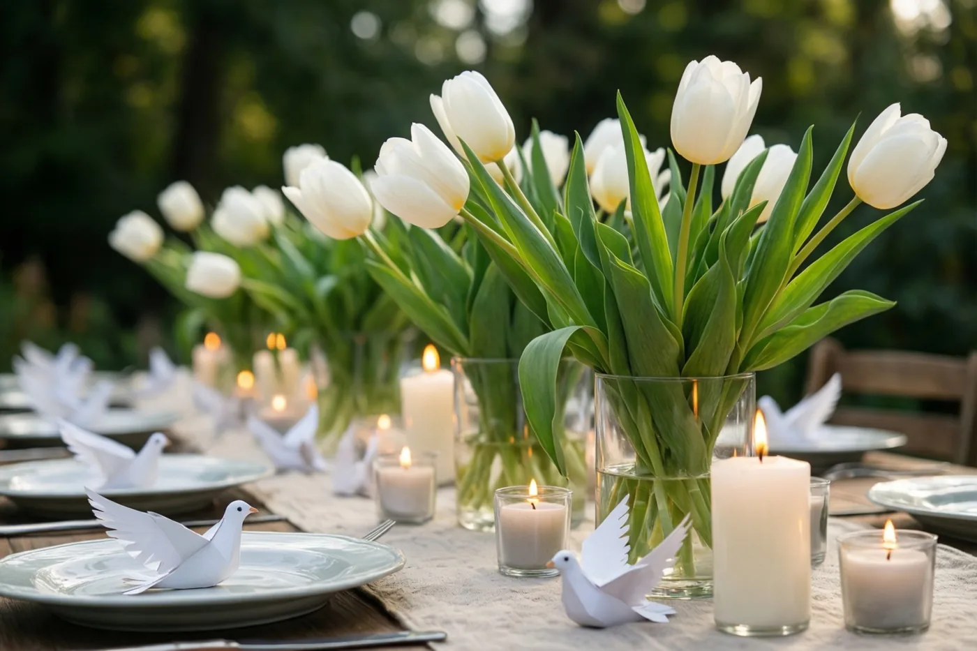 Een lange tafel in de tuin is gedekt met witte tulpen in glazen vazen, brandende kaarsen en papieren duiven op de borden.