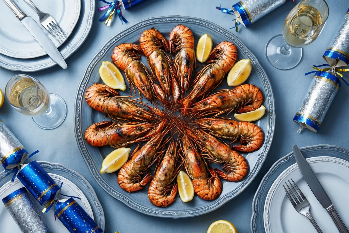 Gegrilde langoustines liggen in een cirkel met citroenpartjes op een schaal op een blauw tafelkleed, tussen champagneglazen, zilveren en blauwe knalbonbons, borden en bestek.