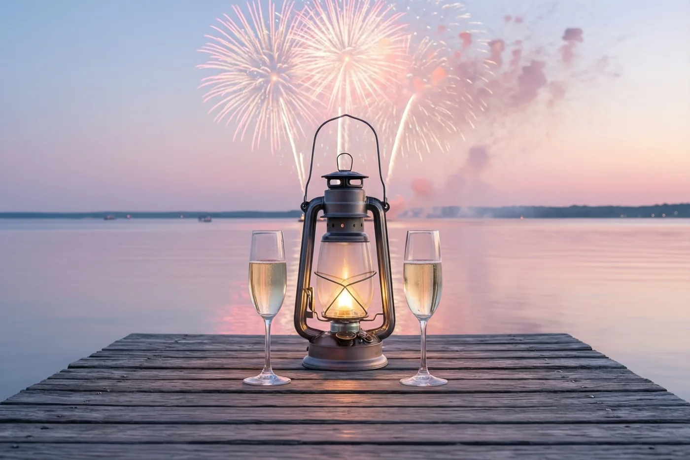 Een brandende lantaarn en twee champagneglazen staan op een houten steiger aan het water, met vuurwerk in een roze en blauwe schemerlucht.