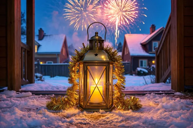 Een messing kaarslantaarn omwikkeld met gouden slingers staat op een besneeuwde drempel, met vuurwerk boven besneeuwde daken in het blauwe avondlicht.