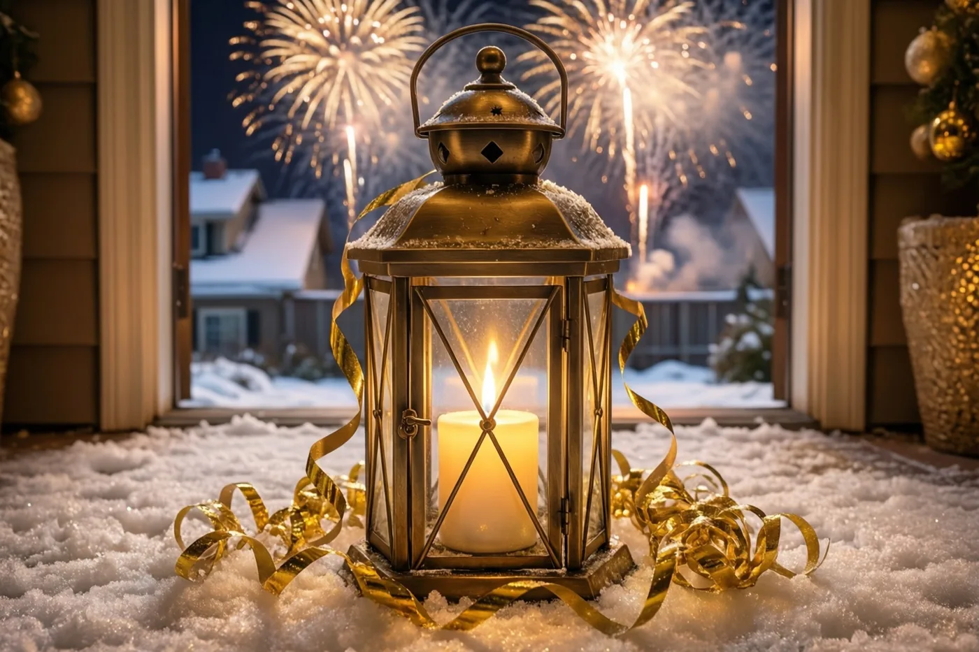 Een messing lantaarn met een brandende kaars staat op een besneeuwde drempel tussen gouden slingers, met door een raam zicht op vuurwerk boven besneeuwde daken.