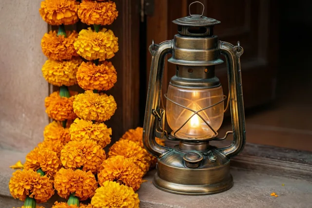 Een brandende messing lantaarn staat op een stenen trede naast een kleurrijke bloemenslinger in een houten deuropening, in warme oranje en messingtinten.